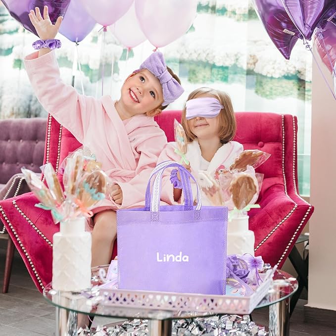 72 Pcs Spa Sleepover Party Supplies for Girls With DIY Stickers And Greeting Card Purple Headband Wristbands Eye Mask Hair Scrunchie Tote Bag Sleeping Slumber Party Favors