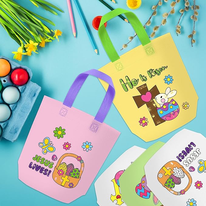 Easter Coloring Goodie Bags for Kids - 24Pcs He is Risen Bulk Color Your Own Gift Bags with Handle Religious Jesus Reusable Non Woven Coloring Tote Packet for DIY Crafts Painting Party Favor Supplies
