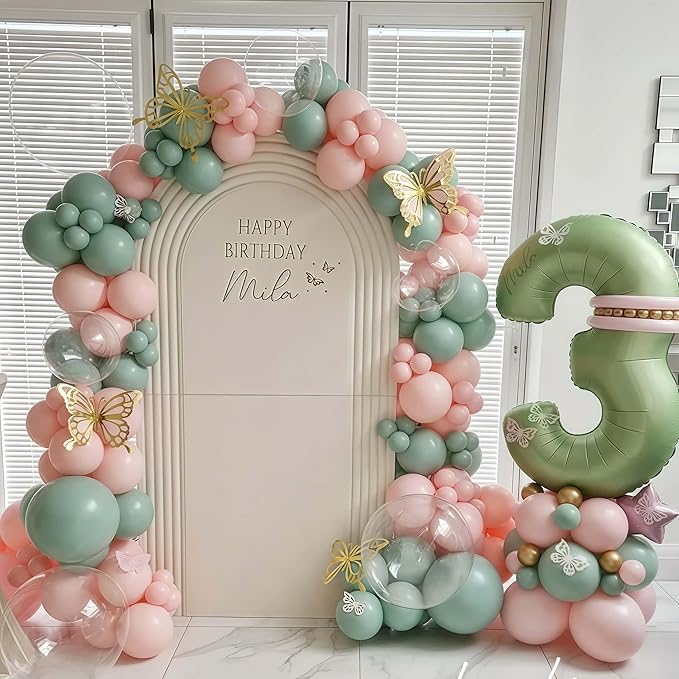 Retro Pink and Sage Green Balloons, Olive Green Pale Pastel Pink Cream White Clear Transparent Balloon for Fairy Tea Party, Floral Balloons as Baby Shower Wedding Nutcracker Birthday Party Decoration