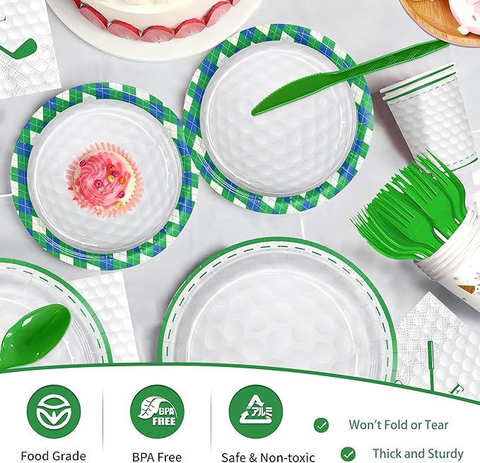 168pcs Golf Birthday Party Supplies Plates Napkins Paper Cups for Golf Sports Themed Decorations Tableware Set for Kids Boys Birthday Decor Serve 24 Guests