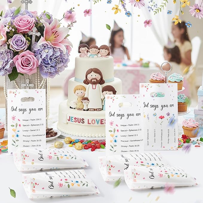 Christian Floral Party Favor Bag - 50Pcs Religious Inspirational Bible Verse Floral Goodie Treat Candy Plastic Gift Bags Christian Religious Faith Flower Party Decor for Baptism Church Spring Party