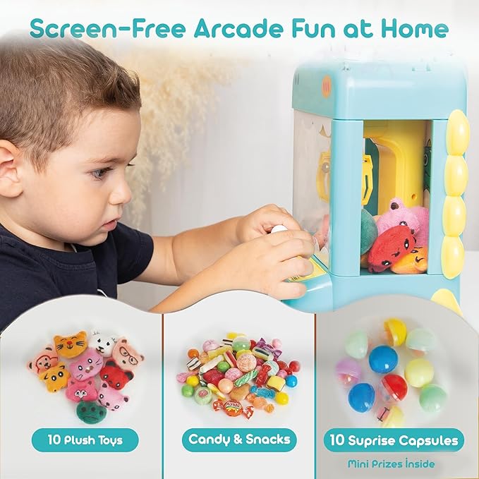 Claw Machine for Kids - Mini Arcade Game - Vending Machine - Candy Grabber Toys - Silent Mode, Lights, USB - Plush Toys & Easter Eggs, Surprise Stickers - Fun Gift for Kids, Boys & Girls (Dinosaur)