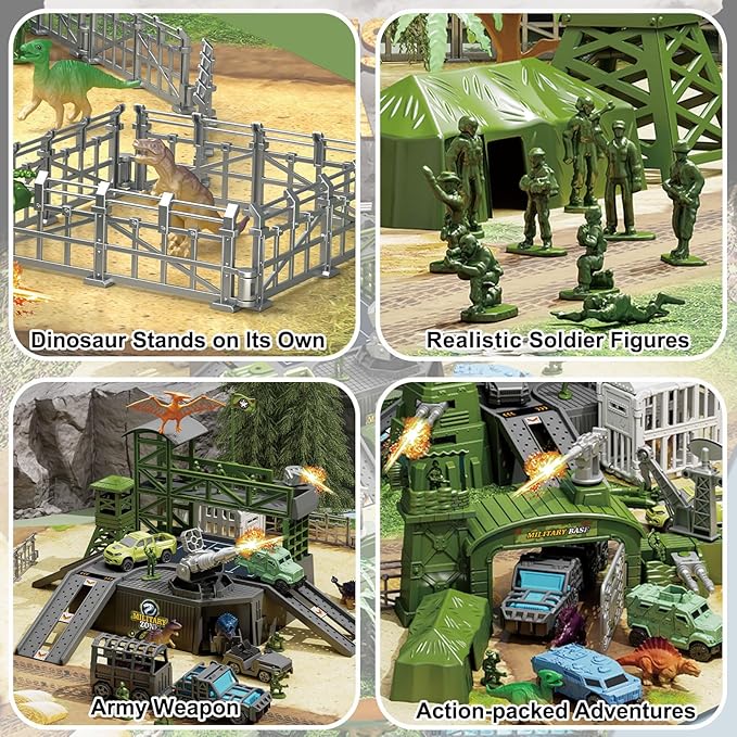 Military Dinosaur Battle Playset, 56 Piece Army Toy Set Soldier Figures, Military Vehicles (Helicopter, Je-ep, Trucks), Cannon, Tents & Battle Mat, Educational STEM Toys for Boys Ages 3-12