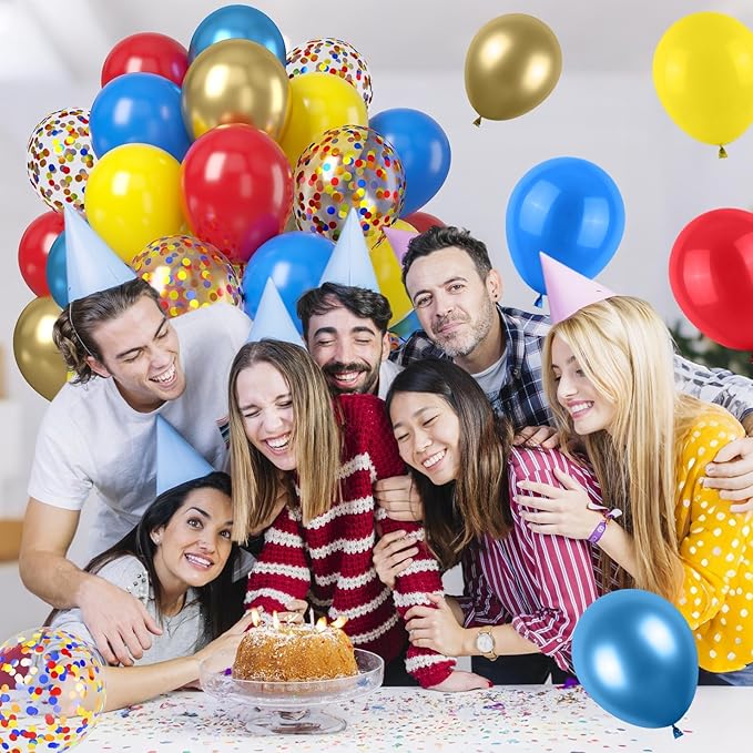Red Blue Yellow Balloons, 50PCS 12Inches Metallic Blue Gold Latex Balloons with Confetti Party Balloon for Kids Birthday Baby Shower Graduate Party Decorations