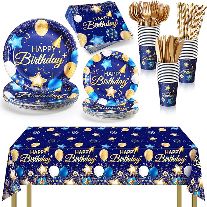 Norme 176 Pcs Navy Blue and Gold Birthday Tableware Set Birthday Decoration Includes Tablecloth Paper Plates Napkins Paper Cups Forks Knifes and Straws for 25 Guests Party Supplies (Fashion)