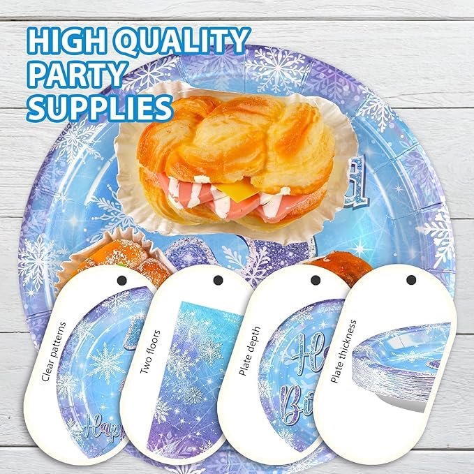 Grencian 96Pcs Frozen Party Supplies Winter Onderland 3rd Birthday Plates Winter Snowflake Disposable Happy 3rd Birthday Tableware for Kids Girls Frozen Themed Party Serves 24