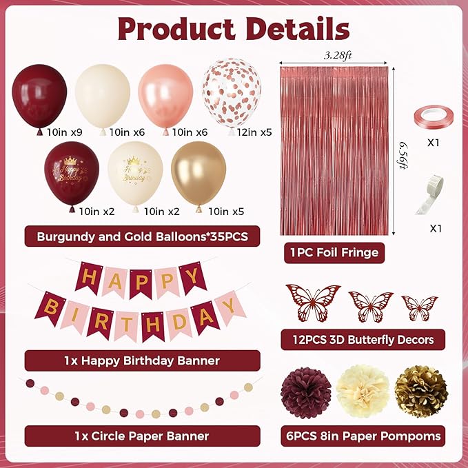 Burgundy Birthday Decorations for Women Girls, Pearl Pink Rose Gold Sand Metallic Printed Balloons Butterfly Stickers Fringe Curtain Happy Birthday Banner Circle Dot Paper Pompom Party Supplies