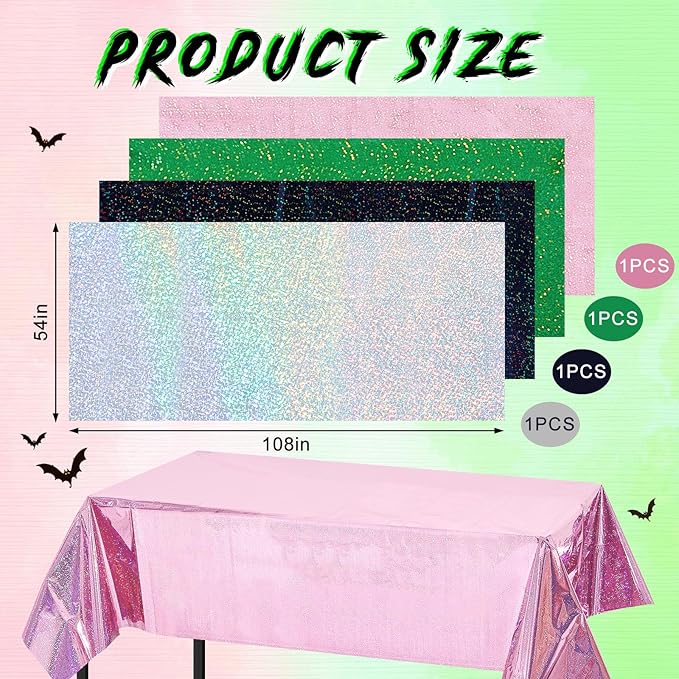 4 Pcs Witch Themed Holographic Tablecloth for Party Pink Green Silver Black 54" x 108" Wedding Witch and Princess Themed Movie Decoration Iridescent Metallic Plastic Glitter Laser Table Covers