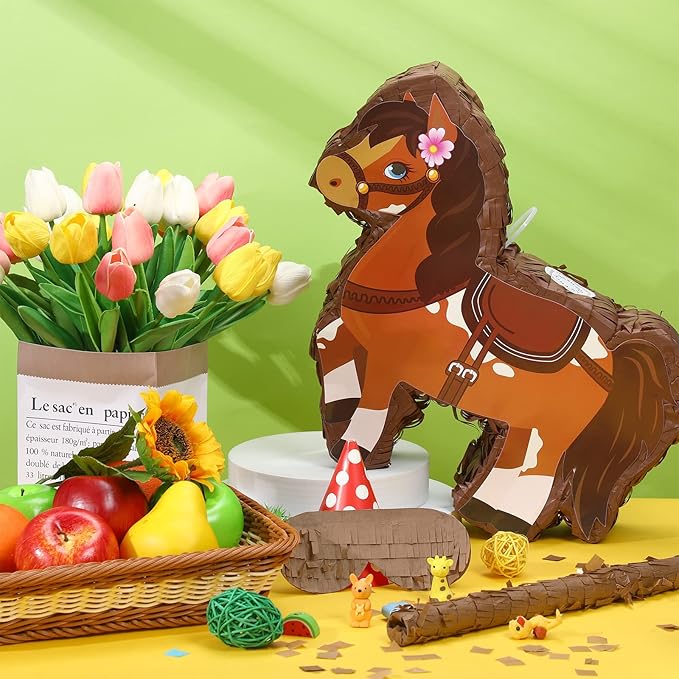 Horse Piñata Cowgirl Piñata for Birthday Girl with Bat Stick Blindfold Mask for Horse Birthday Cowgirl Party Game Decor Supplies, 15 x 13.4 x 3.2 Inch