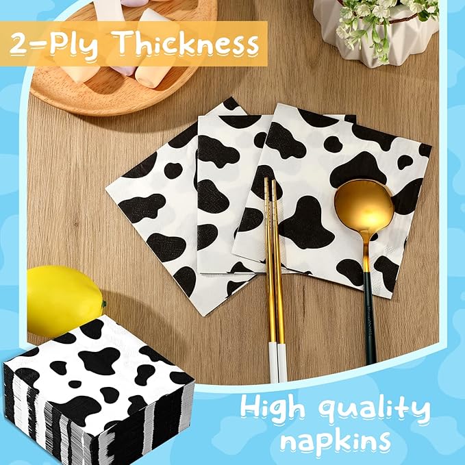 Chengu 100 Pieces Cow Print Napkins 2 Layers Cow Print Party Supplies Farm Animal Napkins for Animal Themed Birthday Party Western, 5 x 5 Inches