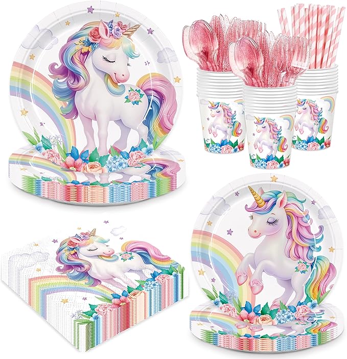 192pcs Unicorn Plates Napkins Unicorn Birthday Party Supplies Disposable Paper Cups Straw Tableware Set Pink Knives Forks Spoons Girls Birthday Party Decorations 24 Guests