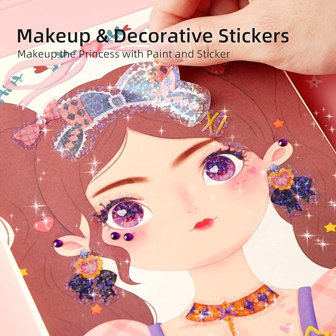 MiDeer 4-in-1 Dress Up Games Set, Princess Art Craft Kits with Makeup Books, Stickers & Diamond Painting, Mess-Free Safe DIY Art Activity, Travel Toys, Ideal Birthday for Girls 4-8+