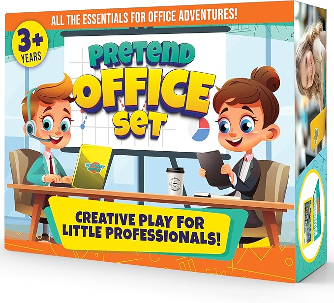 Pretend Play Home Office Set for Kids Ages 3-5-7 | Features Toy Laptop Computer, LCD Writing Tablet, Pop Fidget Calculator, Cell Phone, Headset & Toddlers Beverage Cup