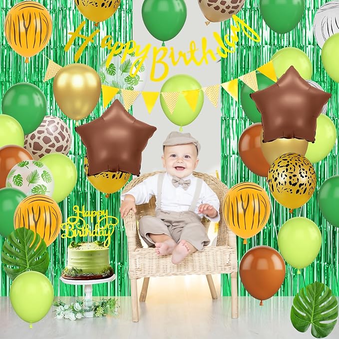 Jungle Safari Birthday Decorations, Safari Theme Party Supplies with Green Brown Animal Print Balloons Happy Birthday Banner Cake Topper Fringe Curtain Palm Leaves for Woodland Themed Party Decor