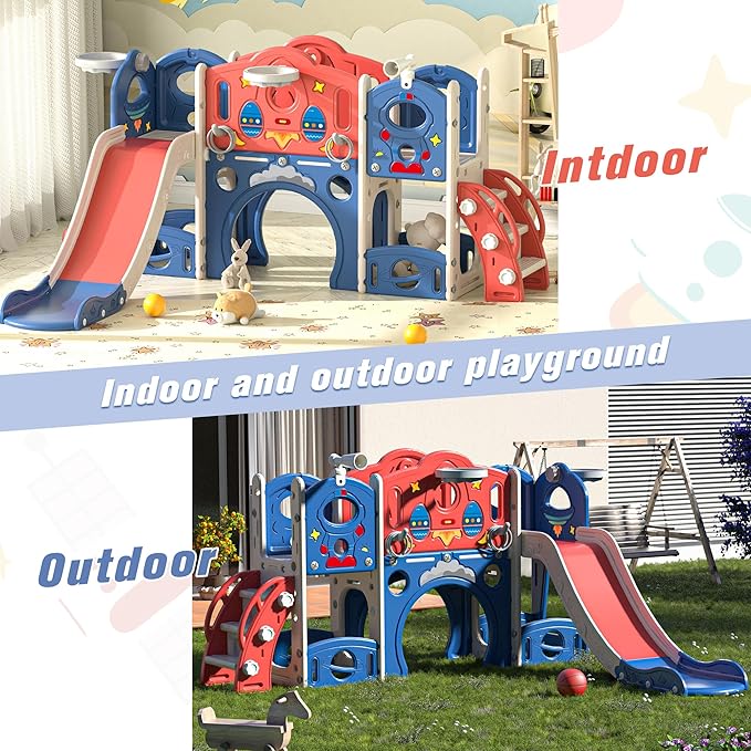 9-in-1 Castle Amusement Playground Playhouse, Indoor Outdoor Playset for Toddlers Age 1-3, Backyard Climber Play Set Slide for Kids Baby (Blue)