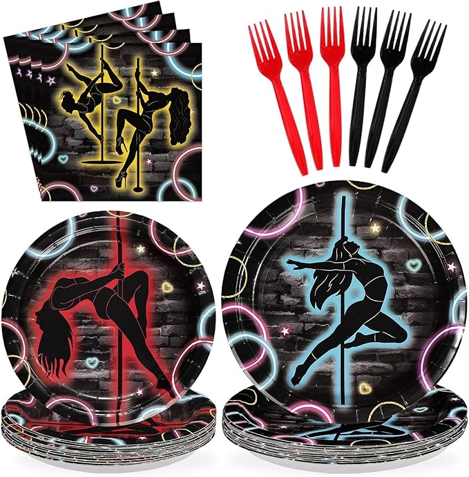96Pcs Pole Dance Party Supplies Pole Dancing Party Plates Disposable Paper Dance Tableware Set for Girls Bachelorette Birthday Decorations Serves 24