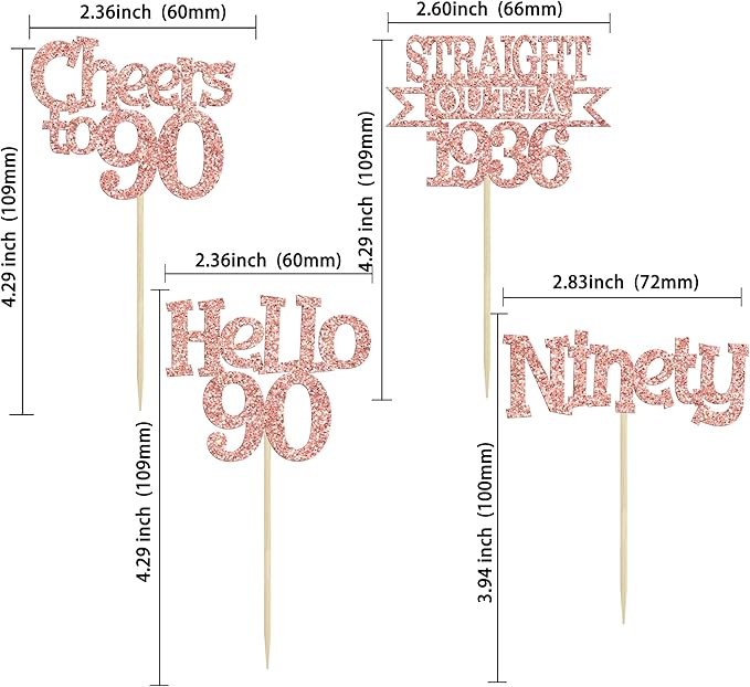 Ephlyn 24Pcs Happy 90th Birthday Cupcake Toppers Glitter Straight Outta 1936 Cupcake Picks Hello 90 Cheers to 90 Years Birthday Cake Decorations for 90th Birthday Anniversary Party Supplies Rose Gold