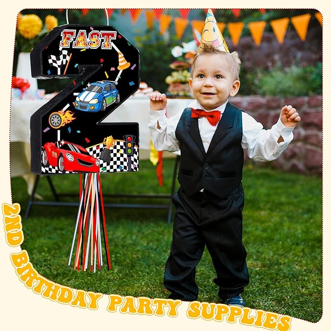 Race Car Piñata Pull String Cars Piñatas for Birthday Party Decorations Number 2 3 4 5 6 with Blindfold Stick Small Red Black Racing Theme 2nd 3rd 4th 5th 6th Party Supplies(Number 2)