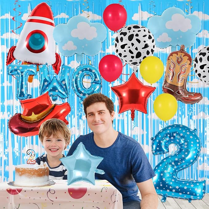 17Pcs Toy Themed Party Decorations Cartoon 2nd Birthday Decorations Blue Sky Clouds Cowboy Hat Boots Rocket Balloons Two Infinity and Beyond Toy Inspired Birthday Party Supplies