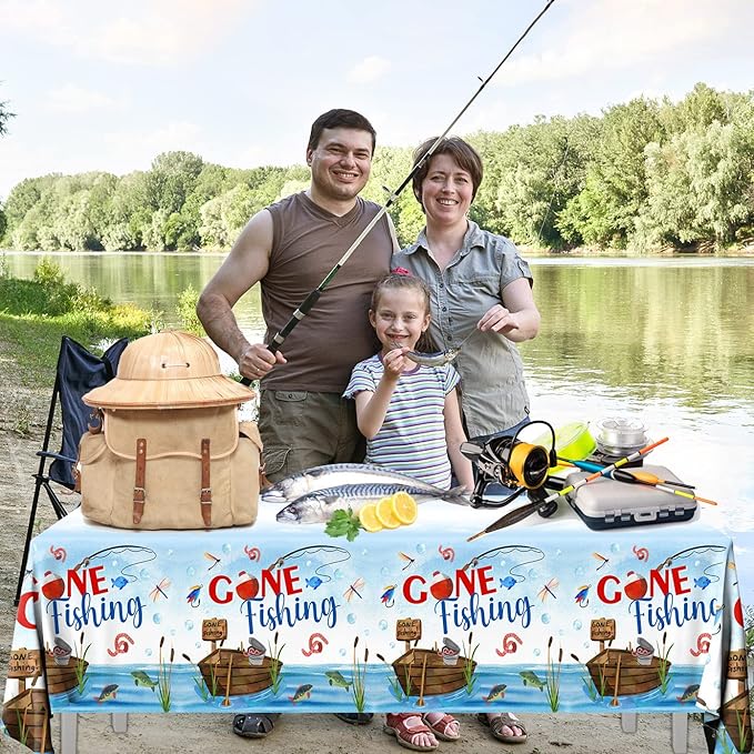 GREHUMOR 3Pcs Gone Fishing Tablecloth for Fishing Party Supplies Decoration Little Fisherman Themed Table Cover Plastic Disposable Rectangular Birthday Summer Party Decorations