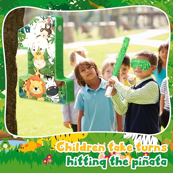 Pasimy 93 Pcs Jungle Safari Party Favors Include Wild One Piñata Stick Blindfold Zoo Animal Stickers Forest Slap Bracelets Stampers Keychains for Jungle Safari Birthday Party Supplies