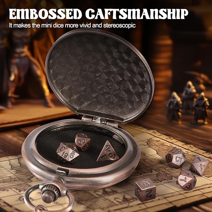 D&D Dice Set,7PCS Metal Dice for Dungeons and Dragons,Mini Dice Set with Pocket Watch Case,Role Playing Board Games Accessories (DM, Copper)