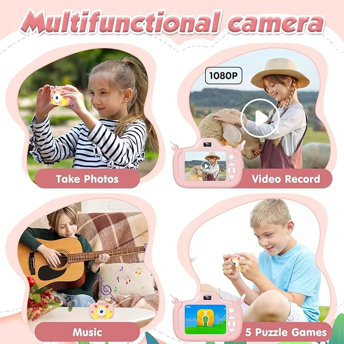Kids Camera with Flashlight & 2.4in Screen, 1080P Dual Lens Toddler Camera- Christmas Birthday Gift for 3-12 Year Old Girls Boys, Kids Digital Camera with 32GB Card & Shockproof Case