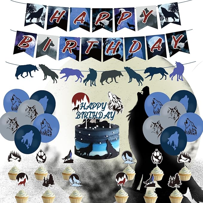 Wolf Birthday Party Decorations, Wolf Party Supplies with Happy Birthday Banner, Wolves Garland Sign, Cake Toppers, Latex Balloons for Kids Boys Girls Animals Wolf Theme Party Decors