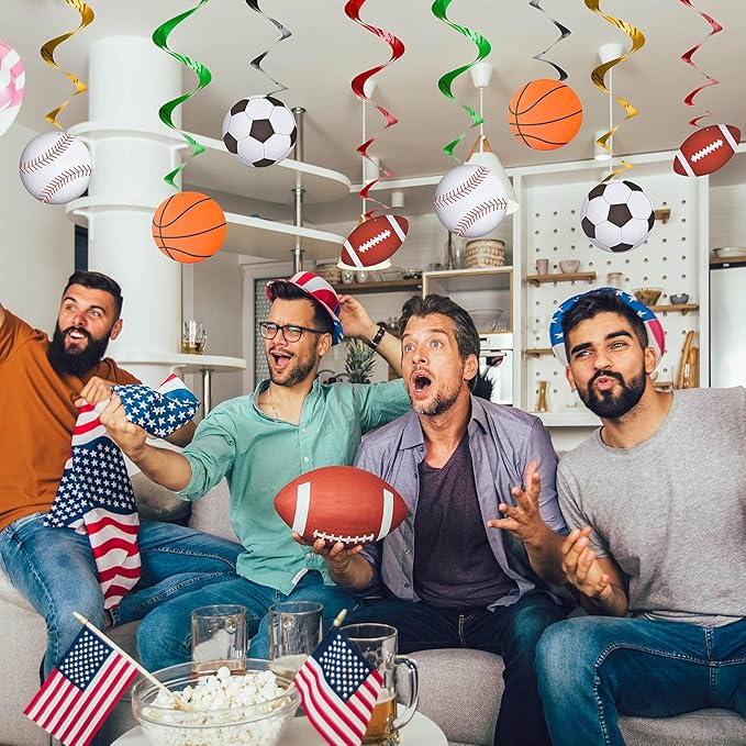 48 Pieces Sports Hanging Swirl Decorations Baseball Basketball Football Soccer Hanging Whirls Ceiling Streamers Colorful Swirls Streamers for Birthday Sport Party Supplies
