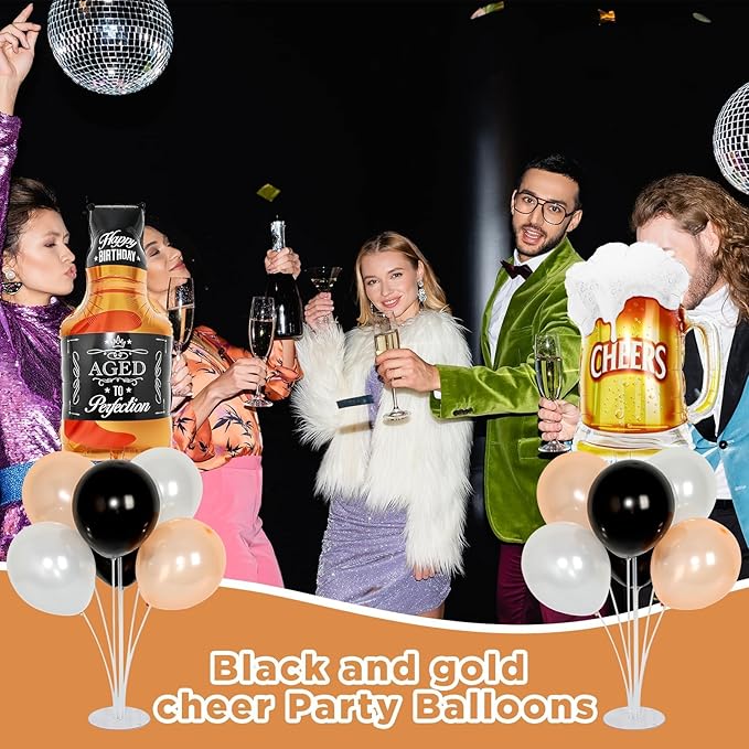 Vintage Aged To Birthday Party Balloons Stand Kit 2 Sets With 2 Black and Gold Cheer Ball Foil Balloons Centerpiece for Tables for Men and Women Party Supplies Baby Shower Birthday Themed Decorations