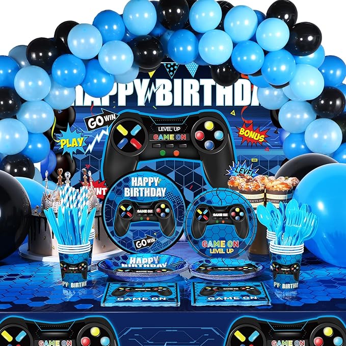 Tatuo 152 Pieces Video Game Birthday Party Supplies Gamer Party Table Cover Happy Birthday Backdrop Banner Tableware Balloons Sets for Boys Men Theme Party Decoration