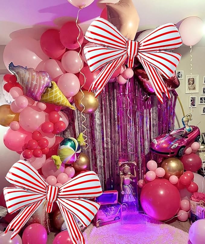 2 pcs Big Bow Balloons Red Strips 30 inch, Bow Party Balloons Decorations for Girls Birthday Mouse Themed Baby Shower Wedding Christmas Party Décor Supplies Favors