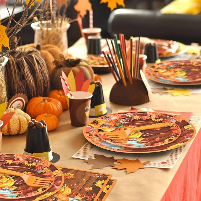 96 Pieces Thanksgiving Pumpkin Tableware Set Party Supplies - Rustic Wood Grain Disposable Dinnerware with Paper Plates, Napkins, Forks for Fall Harvest, Friendsgiving, and Thanksgiving Dinner