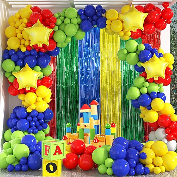 Super Bros Birthday Party Decoration, Including 2Pack Red Green Blue Yellow Foil Fringe Curtains, 1pc Mario Themed Birthday Banner & 22pcs Balloons for Video Game Mario Theme Birthday Party Supplies