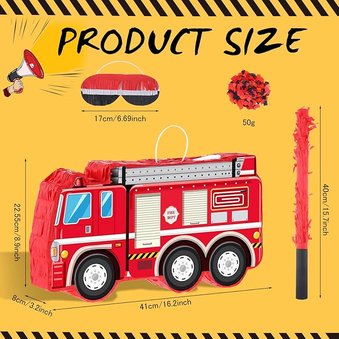 Fire Truck Piñata with Hanging Loop Blindfold Bat and Confetti Filler for Kids Boys Firefighter Firetruck Theme Birthday Party Decorations Supplies, 16.14 x 8.9 x 3.15 Inches