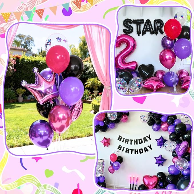 Purple Pink Black Balloons, 50Pcs 12 Inch Black Hot Pink Dark Purple Metallic Magenta Confetti Balloons for Girl Women Themed Birthday Party Bachelorette Baby Shower Wedding Celebration Decorations