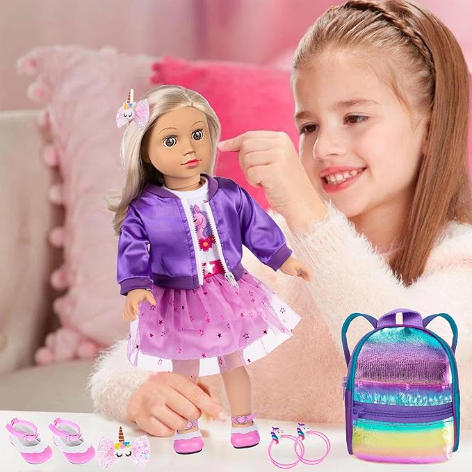 ebuddy 18 Inch Doll Clothes and Accessories School Supplies Playset and Makeup Accesscories Doll Travel Suitcase Set Including Coat,Dress,Suitcase,Hairpin,Hair Ring,Stickers,Makeup Set (No Doll)