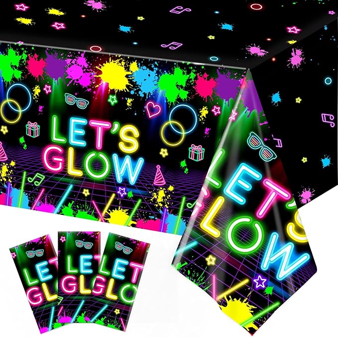 Oigco 3 Pcs Neon Tablecloth, Neon Party Decorations Let's Glow Table Cover for Birthday Glow in The Dark Party Supplies, 54 x 108 Inch