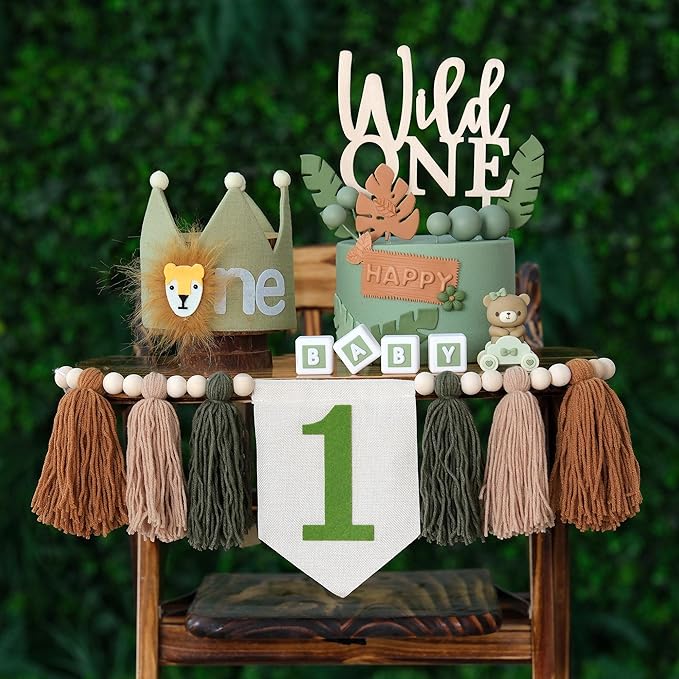 Wild One 1st Highchair Banner Wood Bead Tassel Garland Lion Crown Hat Wooden Cake Topper Birthday Party Decorations