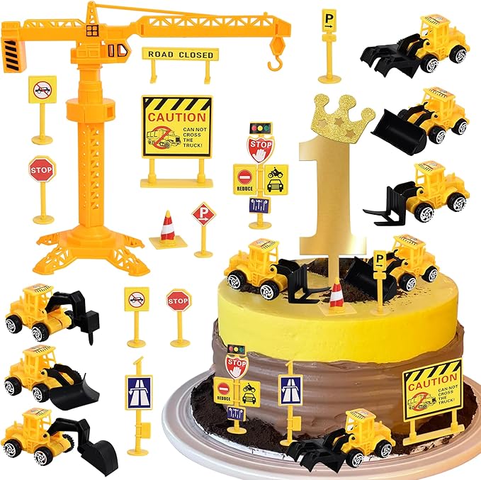 17 Pack Construction Vehicles Cake Toppers Set Acrylic Number 1 Cake Picks Road Sign Tower Digger Cupcake Toppers for Construction Theme Baby Shower Kids 1st Birthday Party Cake Decorations Supplies