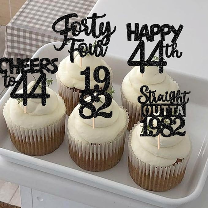 30PCS Black 44th Birthday Cupcake Toppers Glitter Forty Four Happy 44th Straight Outta 1982 Cupcake Picks for Cheers to 44 Years Birthday Wedding Anniversary Party Cake Decorations Supplies
