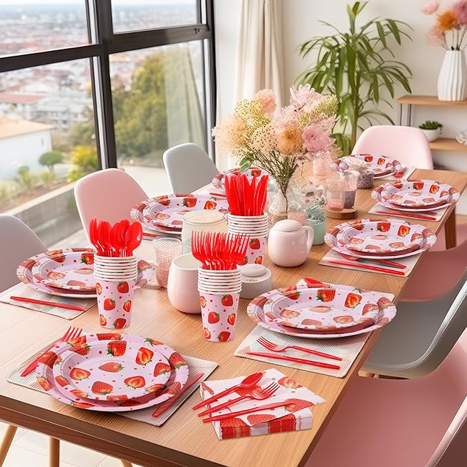 350 Pcs Strawberry Party Supplies Tableware Set Disposable 9'' 7'' Paper Plates 9 oz Cups Cutlery Napkins Dinnerware Set for 1st Berry First Birthday, Serve 50 (Strawberry, Red, Pink)