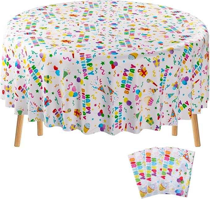 Oudain 3 Pcs Happy Birthday Tablecloth Decorations 84 Inch Plastic Disposable Round Table Covers Waterproof Colorful Balloons Confetti Tablecloth for Women Birthday Party Supplies Baby Shower(White)