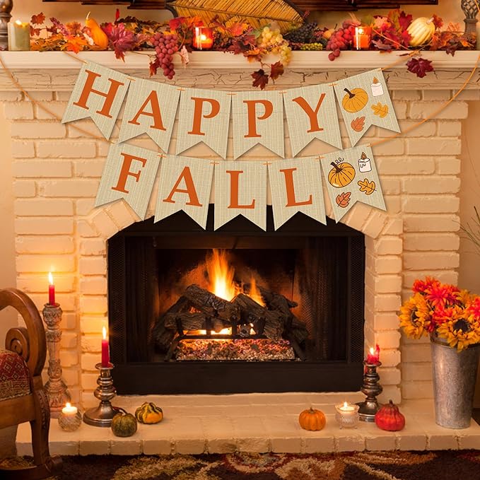 OHOME Fall Decorations for Home - Happy Autumn Pumpkin Banner for Indoor Outdoor | Maple Leaves Garland Backdrop for Outside - Hanging Party Favors Supplies for Birthday | Fall Decor