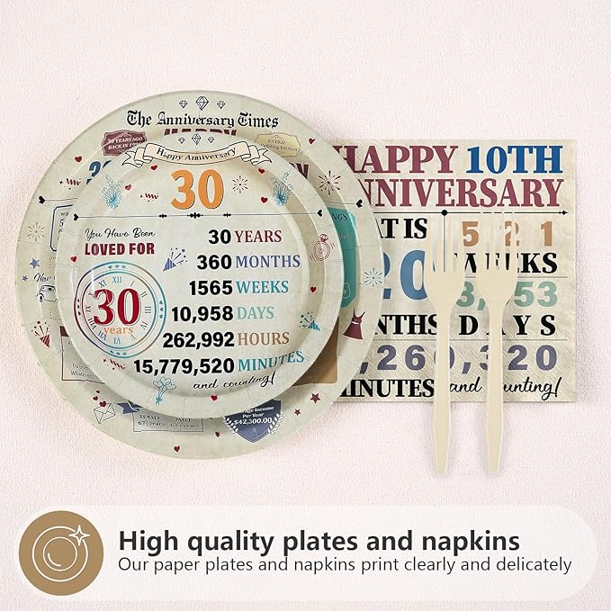 96Pcs 30th Anniversary Party Decorations Retro 30 Years Wedding Aday Plates and Napkins Happy 30th Anniversary Disposable Tableware Set for Vintage 30 Year Wedding Party Supplies Serves 24