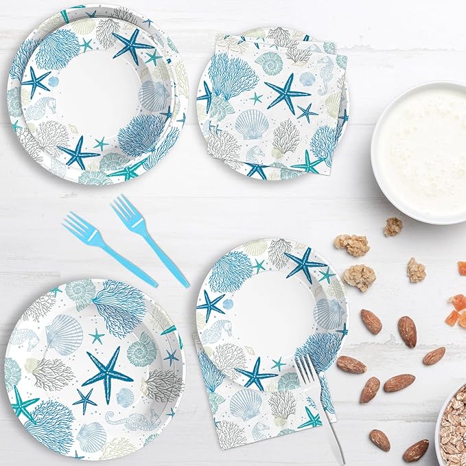 96Pcs Coastal Beach Party Decorations Blue Seashell Starfish Coral Plates and Napkins Sets Nautical Ocean Birthday Party Decorations for Summer Beach Baby Shower Wedding Party Supplies Serves 24