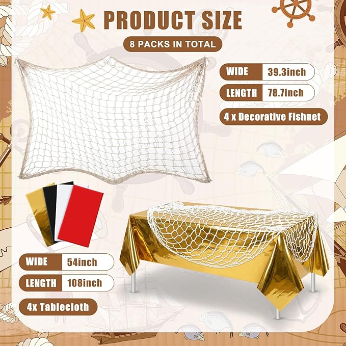 Unittype 8 Pcs Fish Net Decorative and Tablecloth Set, Cotton Fishnet and Plastic Table Cover Decorations Set for Nautical Themed Party Baby Shower Pirate Decorations Mermaid Party (Pirate Color)