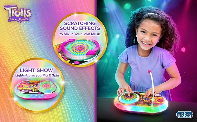 eKids Trolls Band Together DJ Party Mixer Turntable Toy with Built in Microphone for Kids, for Fans of Trolls Toys for Girls