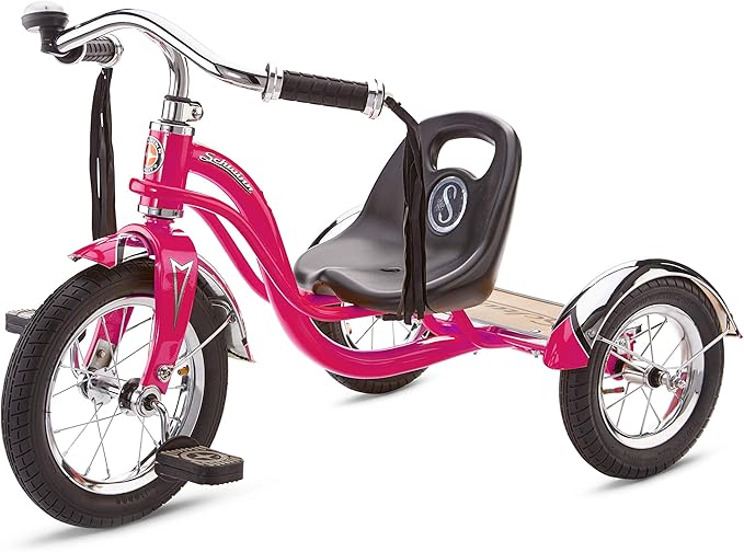 Schwinn Roadster Bike for Toddler, Kids Classic Tricycle, Low Positioned Steel Trike Frame w/ Bell & Handlebar Tassels, Rear Deck Made of Genuine Wood, Boys and Girls Ages 2-4 Year Old, Bright Pink