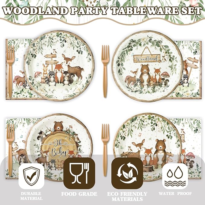 96 Pcs Woodland Baby Shower Party Supplies - Serves 24 Guests, Safari Jungle Animal Party Decorations Include Plates and Napkins, Forks